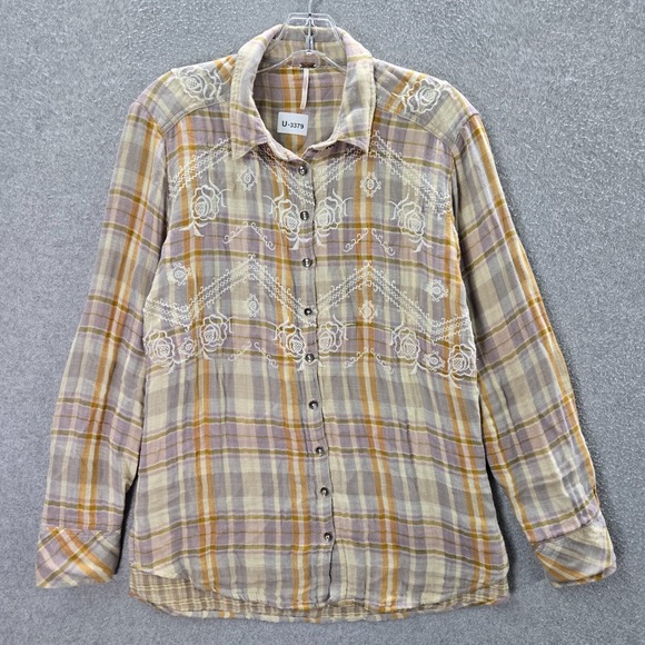 Free People Women Top S Magical Plaid Yellow Floral Button Up Embroidered Boho - Picture 1 of 10